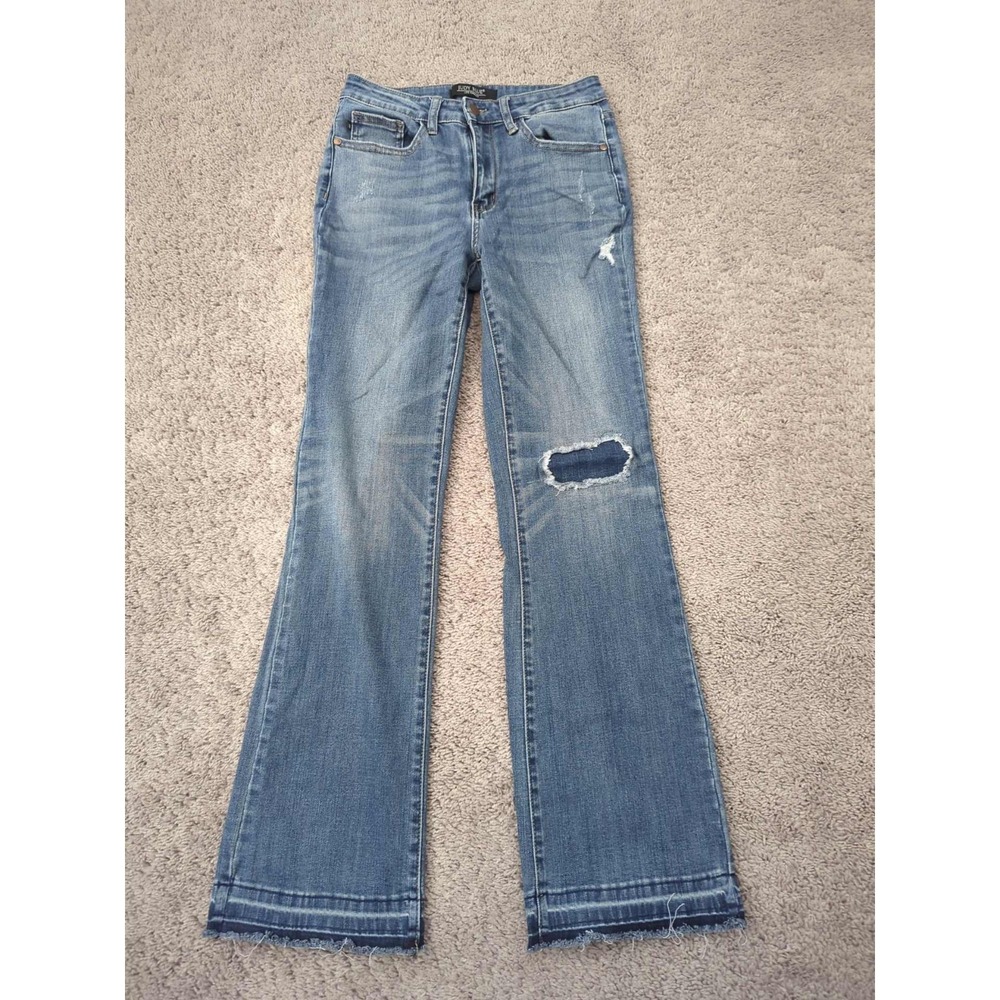 Judy Blue Jeans Womens 7/28 Blue Mid Rise Flare‎ Patched Knee Distressed Raw Hem